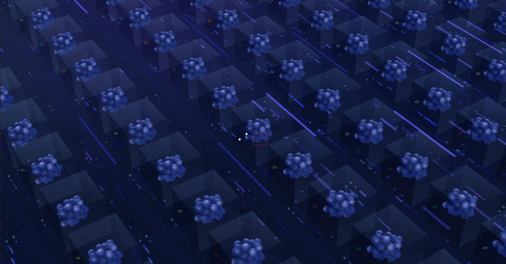 A rendered 3D scene of glowing blue molecular clusters arranged in a grid across dark server-like blocks.