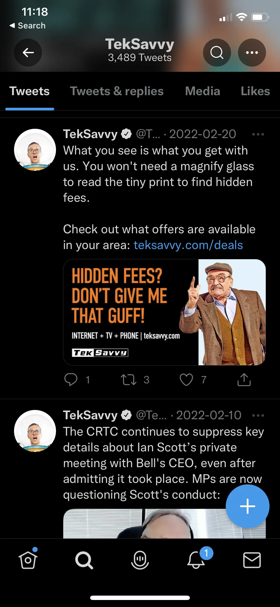 A phone screenshot of TekSavvy's Twitter feed with the campaign running in the wild — the "Hidden fees? Don't give me that guff!" ad, an older man in a flat cap wagging a finger beside bold orange type.