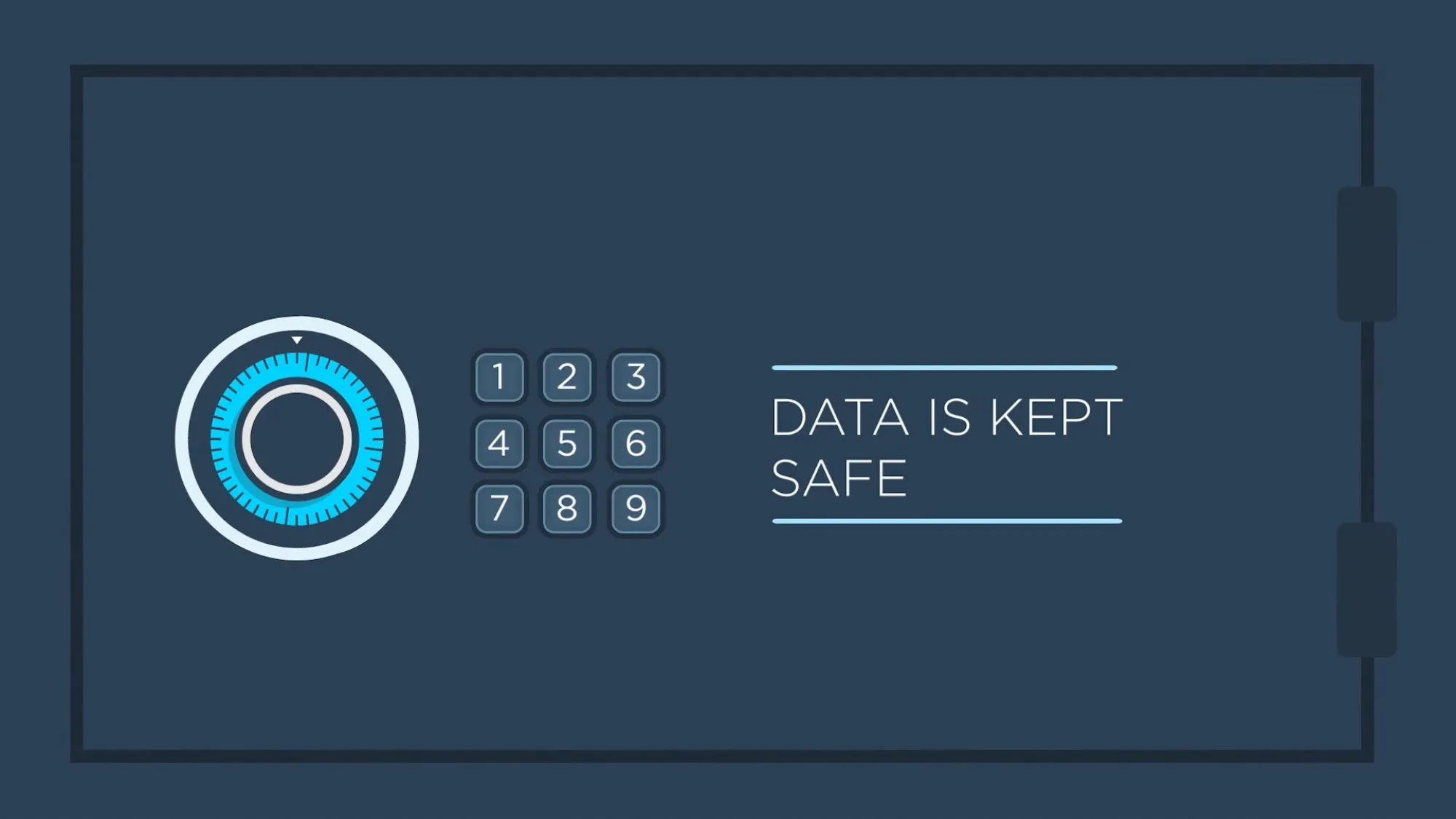 A flat-design animation frame of a dark blue safe with a glowing combination dial and keypad beside the words "Data is kept safe" — from the Primus managed network video.