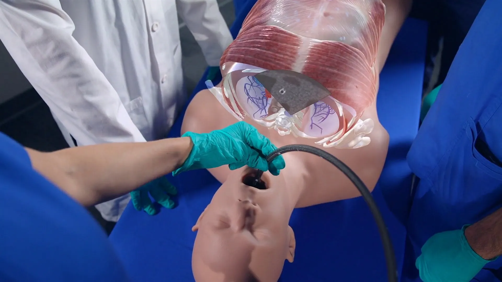 Instructors in gloves guide a scope into a medical training manikin whose translucent torso reveals the internal organs beneath.