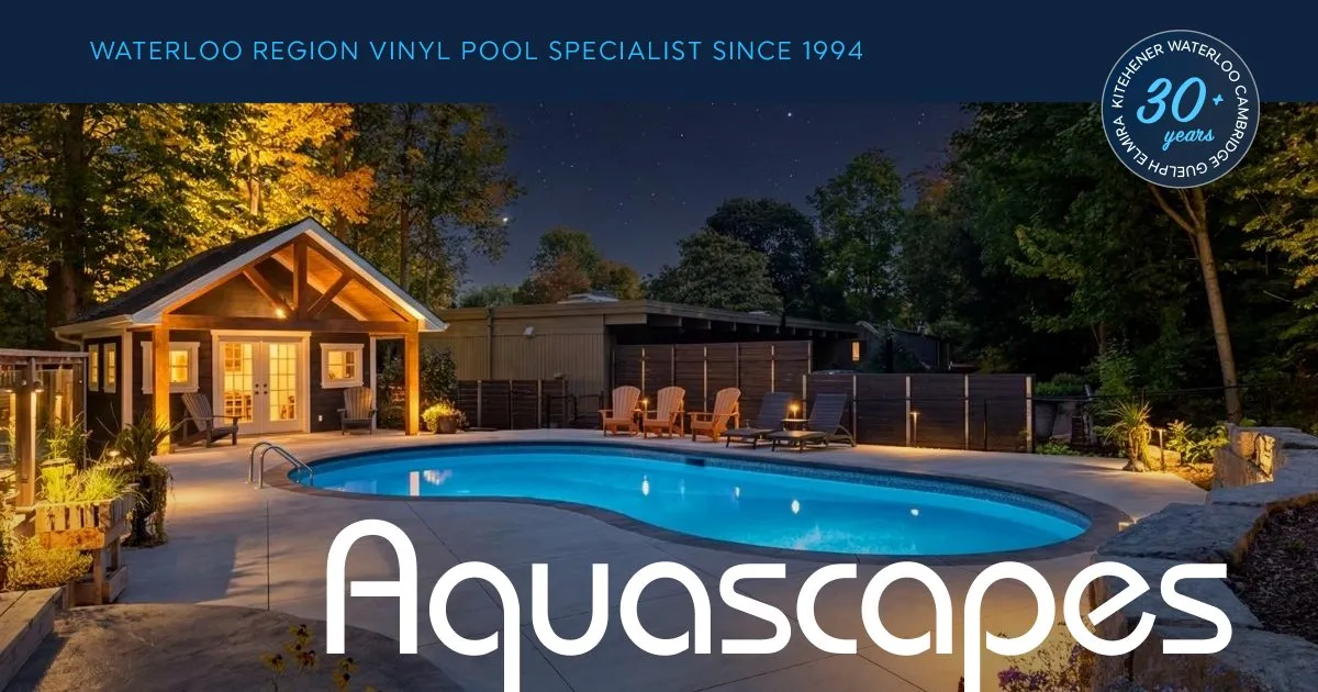 The Aquascapes site banner: a backyard vinyl pool glowing at night beside a timber cabana, under the headline "Waterloo Region vinyl pool specialist since 1994" and a 30-years badge.