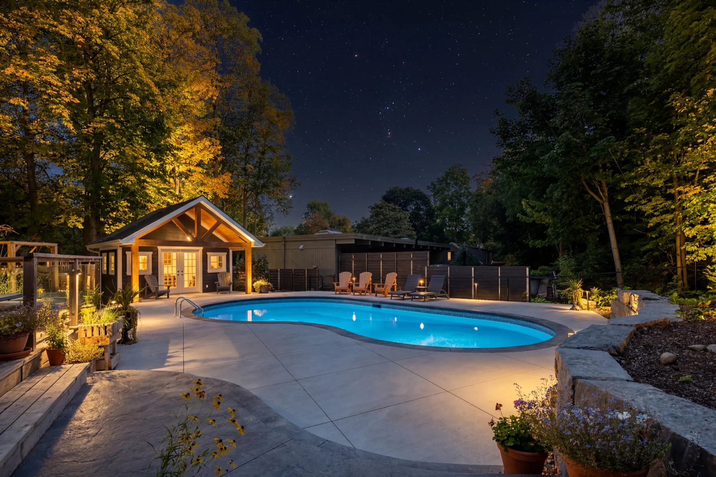 A backyard inground pool glowing blue at night beside a lit timber-frame cabana, ringed by autumn trees under a star-filled sky.